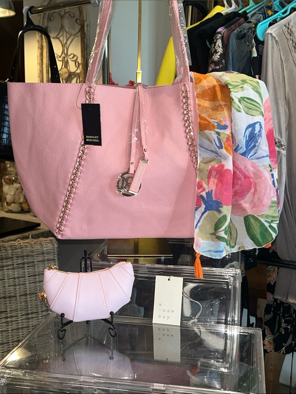 Badgley Mischka Pink Vegan W/Scarf Tote & A New Day Cresent Pink Coin Purse NWT
